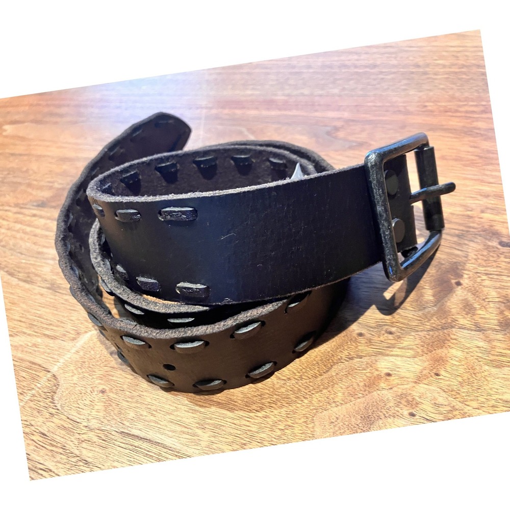 Lucky Brand Mens Black Leather Whipstitch Belt Size 32 Western Americana Moto